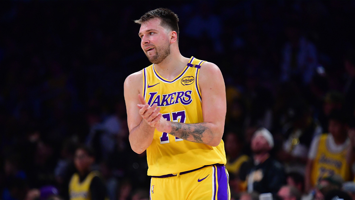 Lakers guard Luka Doncic (77) reacts during the second half in game five of first round for the 2025 NBA Playoffs at Crypto.com Arena