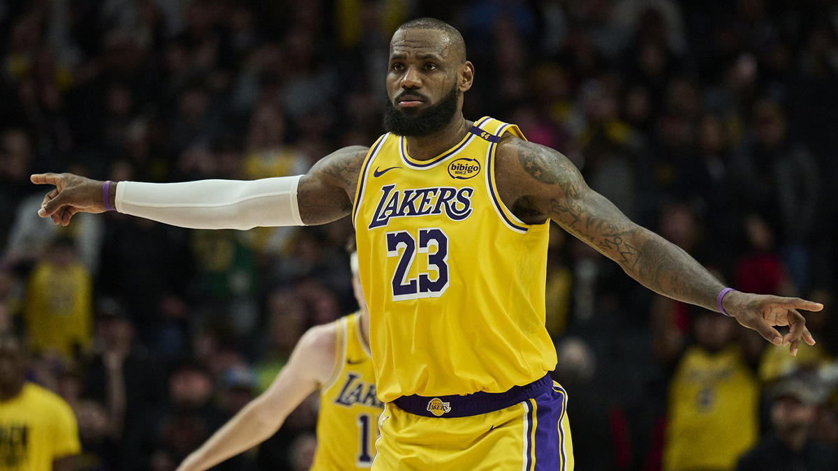 Los Angeles Lakers forward LeBron James (23) signals to teammates during the second half against the Portland Trail Blazers at Moda Center.