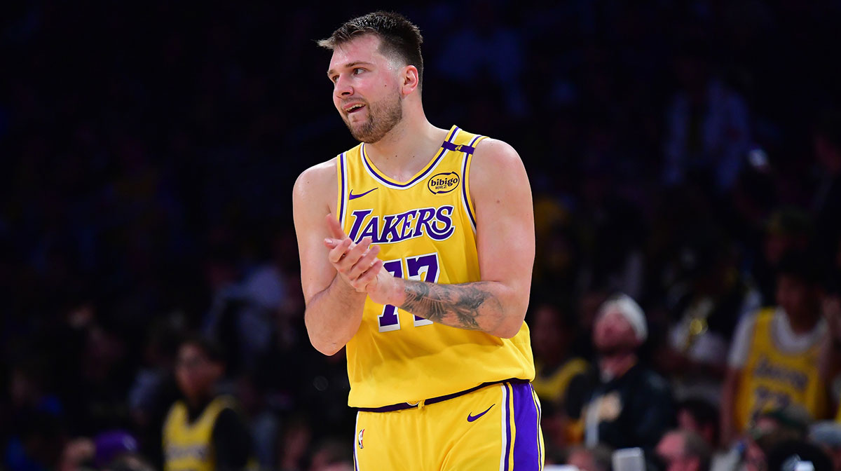 Los Angeles Lakers guard Luka Doncic (77) reacts during the second half in game five of first round for the 2025 NBA Playoffs at Crypto.com Arena.