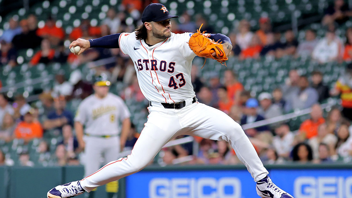 May 28, 2025; Houston, Texas, USA; Houston Astros starting pitcher Lance McCullers Jr. (43) delivers a pitch against the Athletics during the first inning at Daikin Park. 
