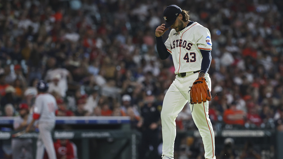 May 10, 2025; Houston, Texas, USA; Houston Astros starting pitcher Lance McCullers Jr. (43) walks off the mound after a pitching change during the first inning against the Cincinnati Reds at Daikin Park. Mandatory Credit: Troy Taormina-Imagn Images