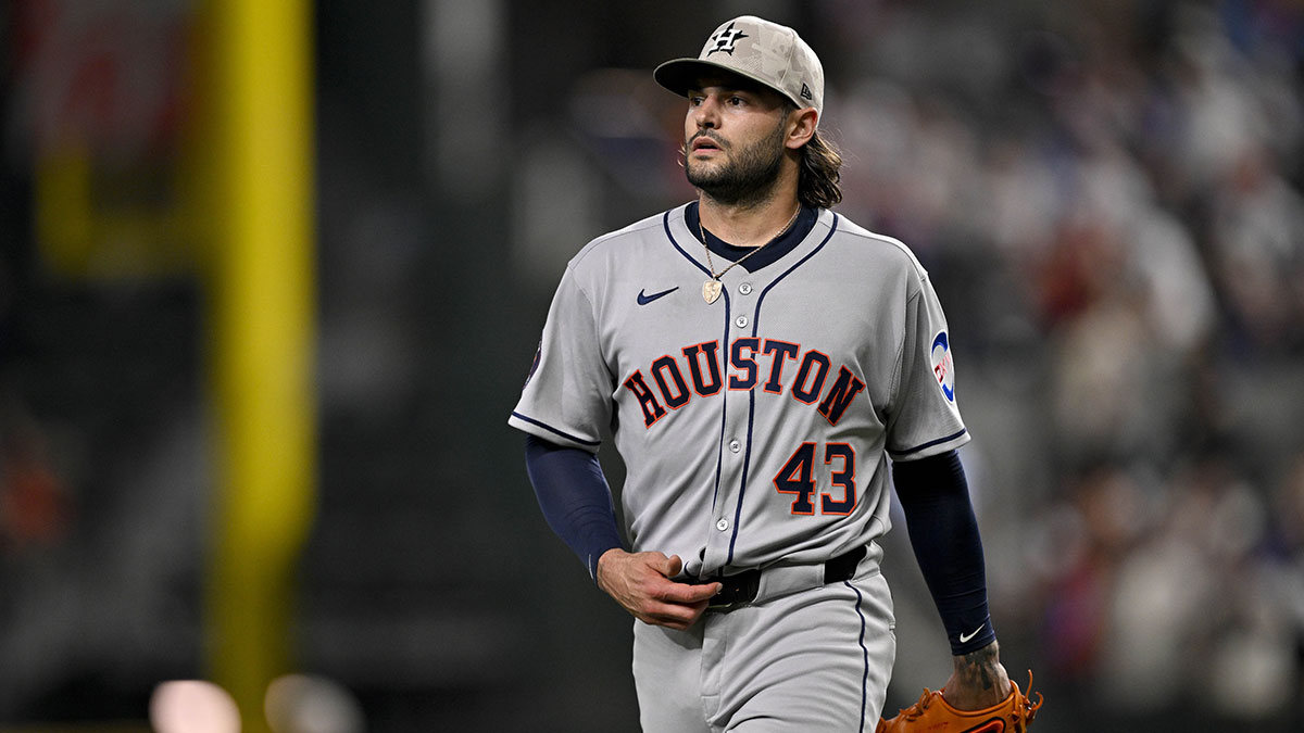 May 16, 2025; Arlington, Texas, USA; Houston Astros starting pitcher Lance McCullers Jr. (43) comes off the field after pitching against the Texas Rangers during the fourth inning at Globe Life Field. Mandatory Credit: Jerome Miron-Imagn Images