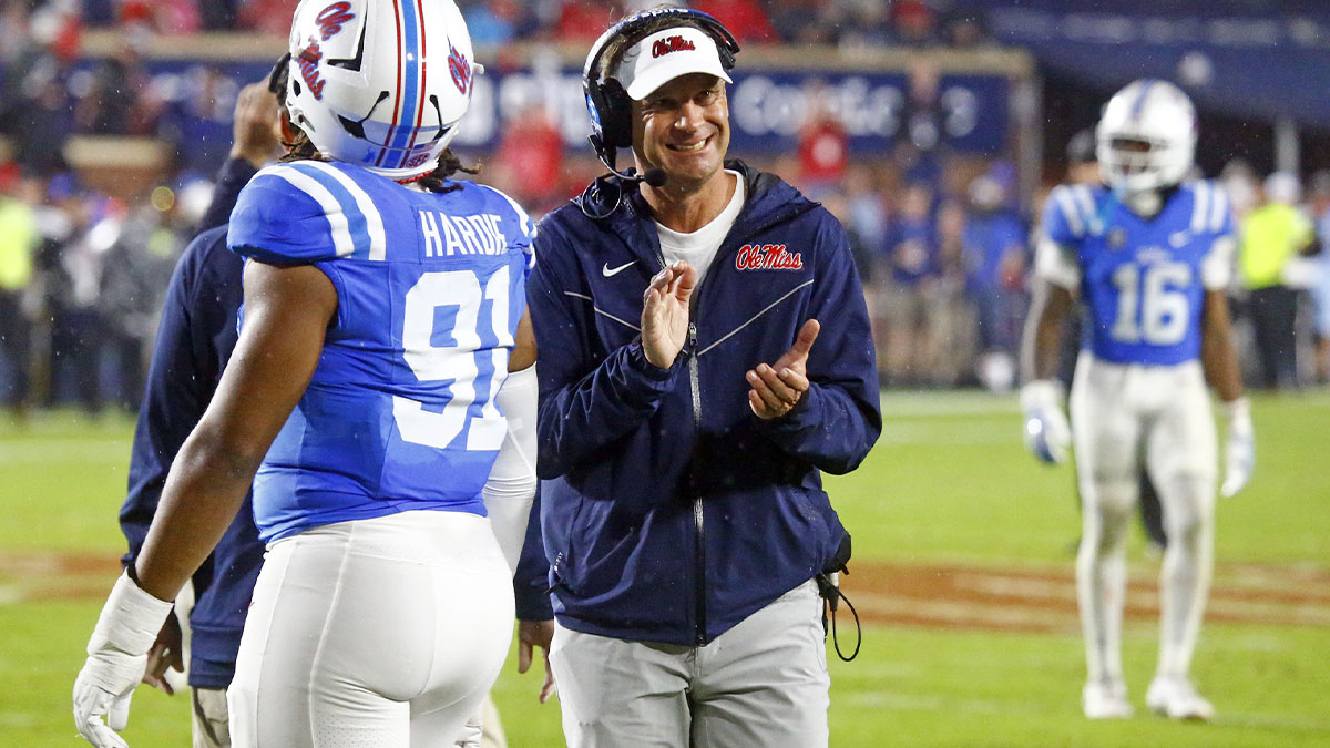 Mississippi Rebels head coach Lane Kiffin reacts near the end of the game during the second half against the Georgia Bulldogs at Vaught-Hemingway Stadium.