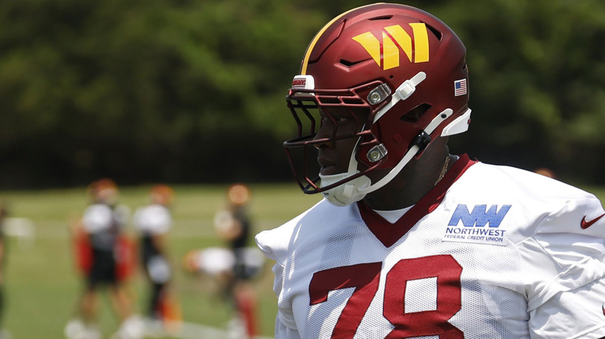 Jun 10, 2025; Ashburn, VA, USA; Washington Commanders offensive tackle Laremy Tunsil (78) stands on the field on day one of minicamp at Commanders Park. Mandatory Credit: Geoff Burke-Imagn Images