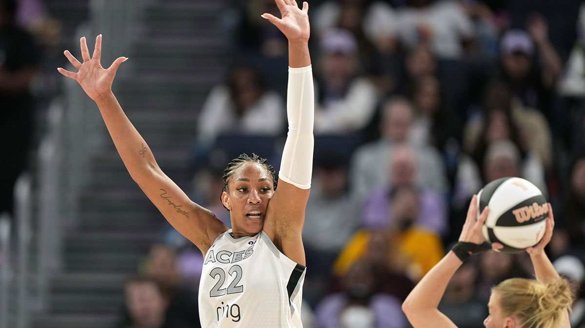 Las Vegas Aces center A'ja Wilson (22) defends against Golden State Valkyries guard Julie Vanloo (right) during the third quarter at Chase Center.