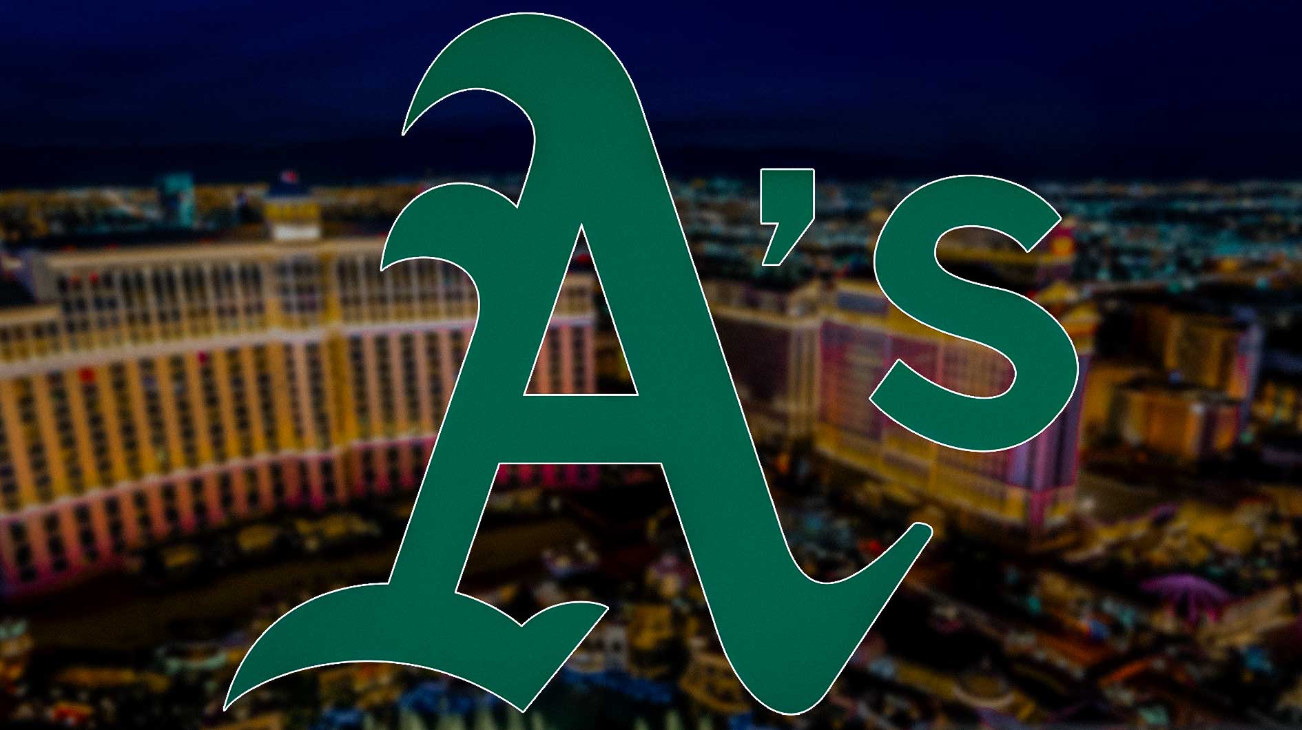 Athletics' 2025 MLB logo on left and place the Las Vegas skyline at night in background.