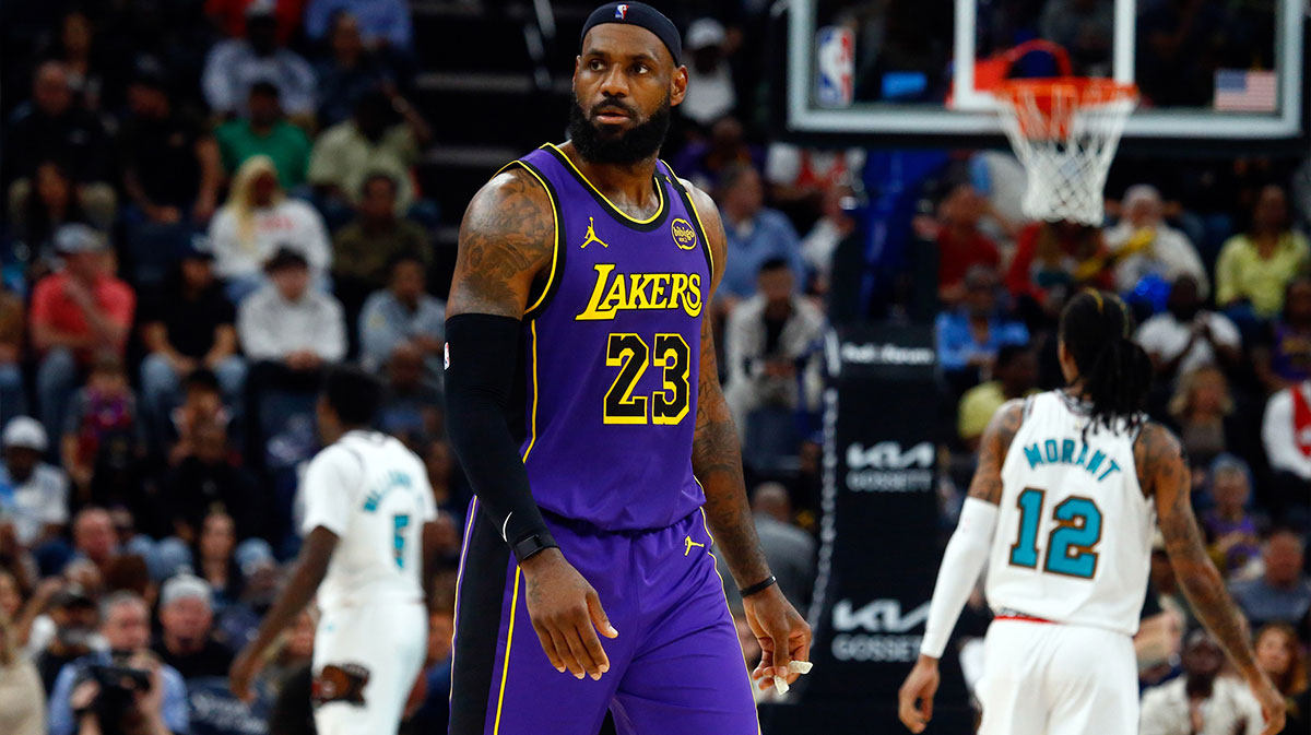 Los Angeles Lakers forward LeBron James (23) looks on during the fourth quarter against the Memphis Grizzlies at FedExForum.