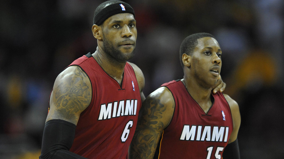 Miami Heat forward LeBron James (6) and guard Mario Chalmers (15) reacts in the fourth quarter against the Cleveland Cavaliers at Quicken Loans Arena.