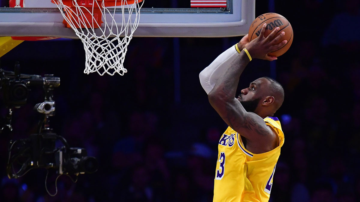 Los Angeles Lakers forward LeBron James (23) moves in for the dunk against the Minnesota Timberwolves during the second half in game five of first round for the 2025 NBA Playoffs at Crypto.com Arena.