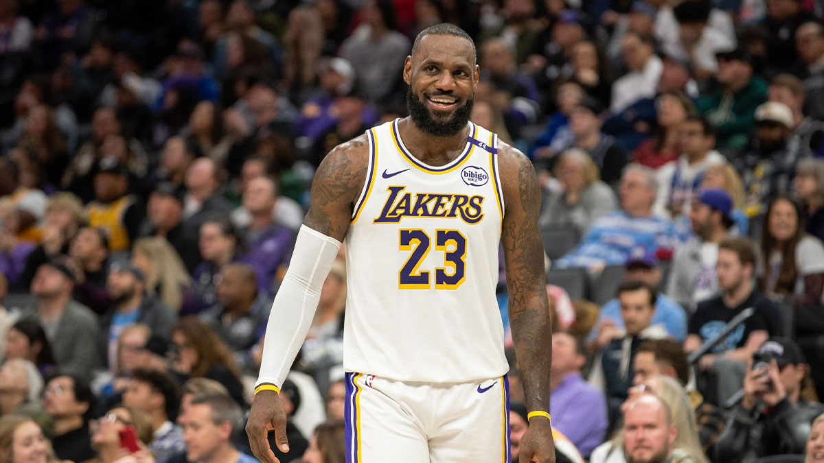 Los Angeles Lakers forward LeBron James (23) smiles after his team scored against the Sacramento Kings during the fourth quarter at Golden 1 Center.