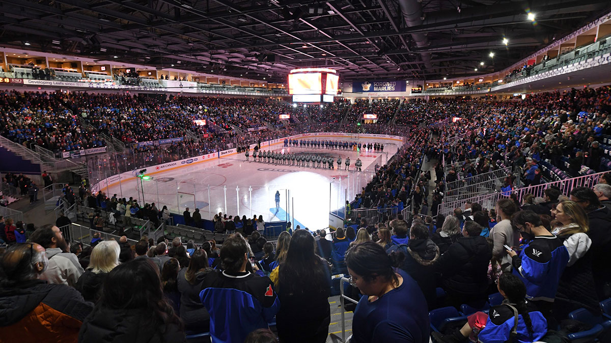Nov 30, 2024; Toronto, ON, CANADA; A general view of the Coca Cola Coliseu during anthems before the Boston Fleet play the Toronto Sceptres at Coca-Cola Coliseum. Mandatory Credit: Dan Hamilton-Imagn Images