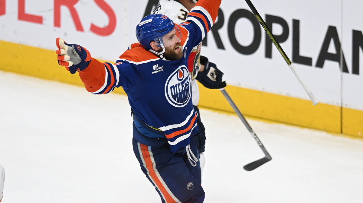 Edmonton Oilers center Leon Draisaitl (29) reacts after scoring the game winning goal in overtime against the Florida Panthers in game one of the 2025 Stanley Cup Final at Rogers Place.