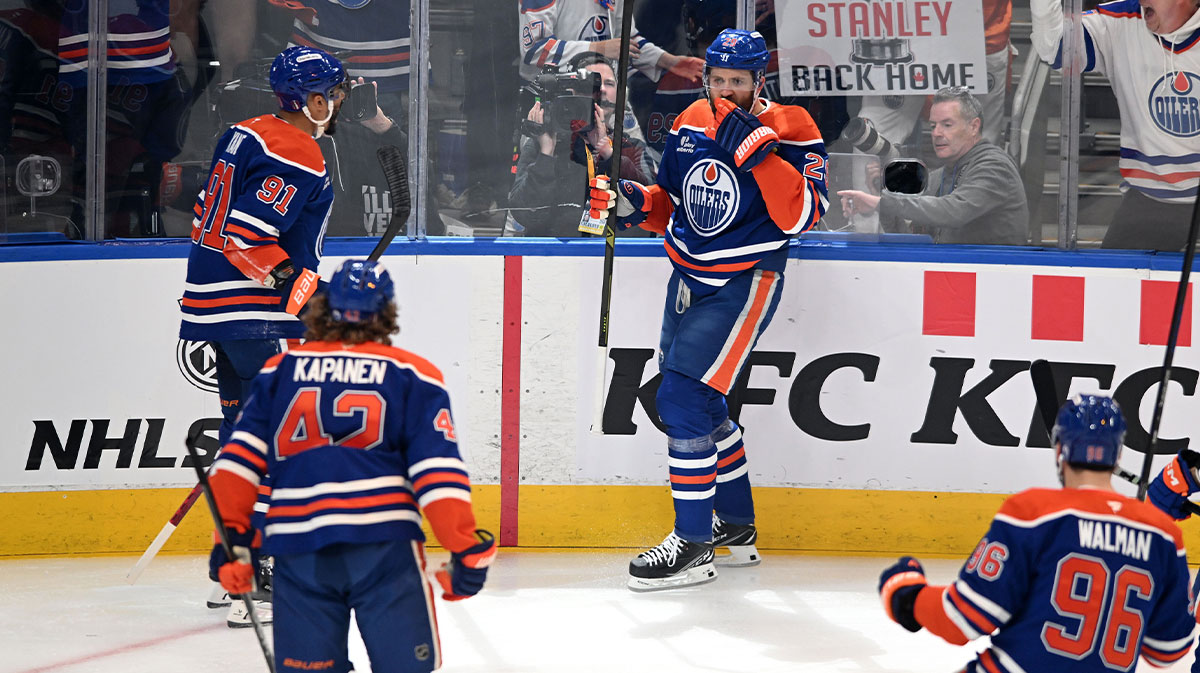 Edmonton Oilers center Leon Draisaitl (29) reacts after scoring a goal against the Florida Panthers during the first period in game one of the 2025 Stanley Cup Final at Rogers Place.
