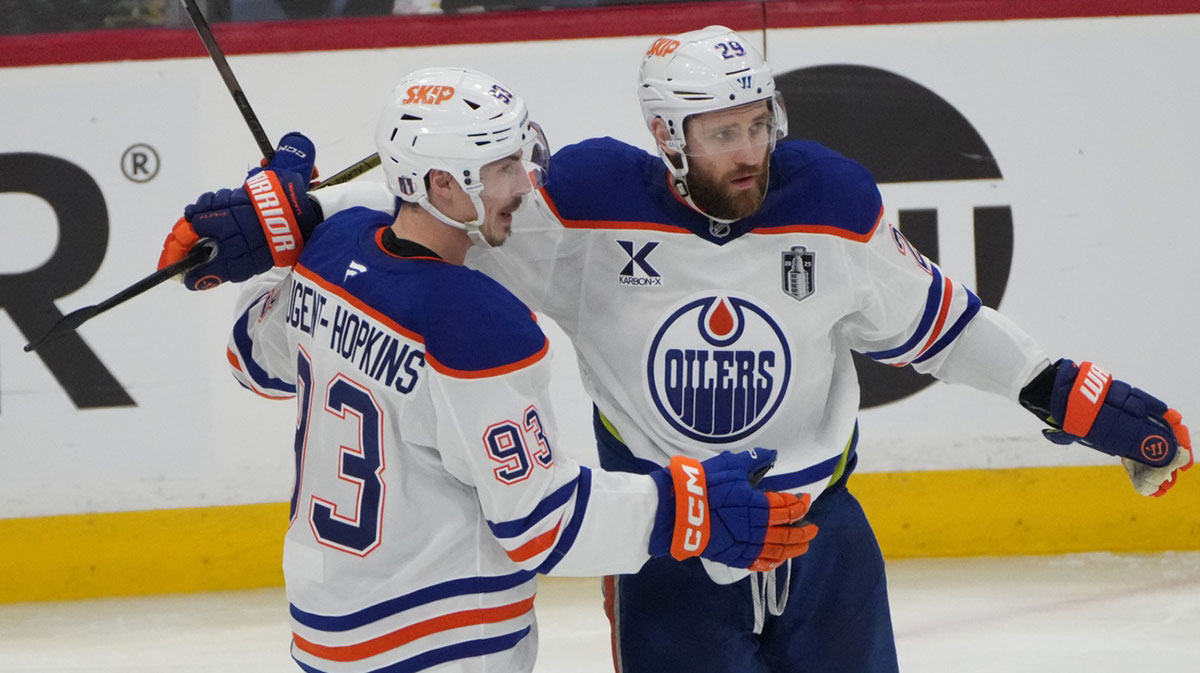 Edmonton Oilers center Ryan Nugent-Hopkins (93) celebrates scoring with center Leon Draisaitl (29) during the second period against the Florida Panthers in game four of the 2025 Stanley Cup Final