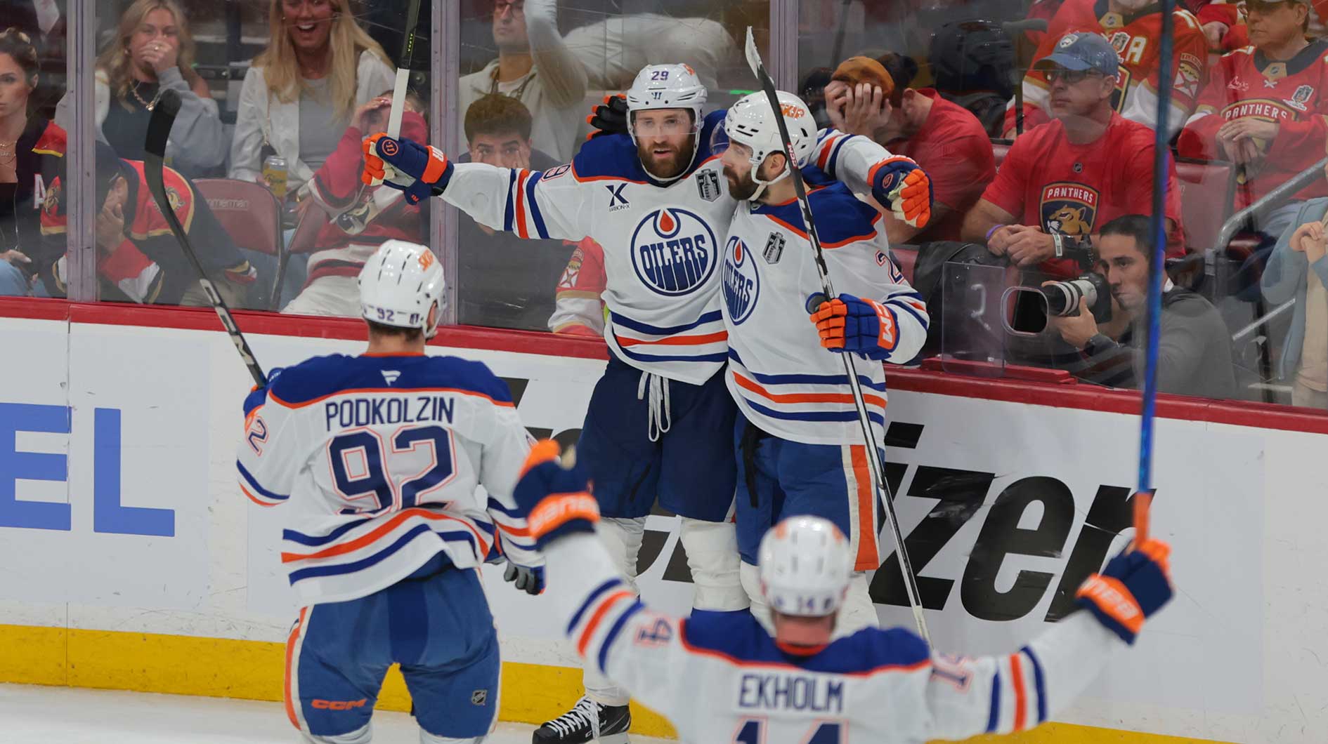 Edmonton Oilers center Leon Draisaitl (29) celebrates scoring in overtime against the Florida Panthers in game four of the 2025 Stanley Cup Final at Amerant Bank Arena