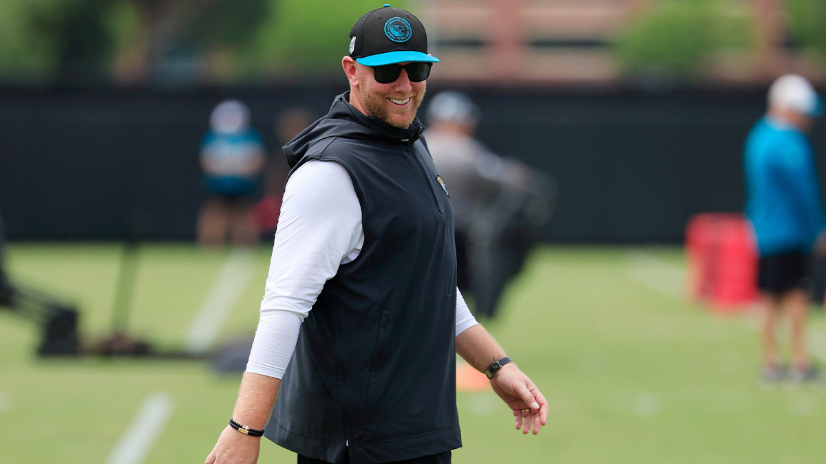 Jacksonville Jaguars head coach Liam Coen looks on during a rookie minicamp at Miller Electric Center Saturday, May 10, 2025 in Jacksonville, Fla. [Corey Perrine/Florida Times-Union]