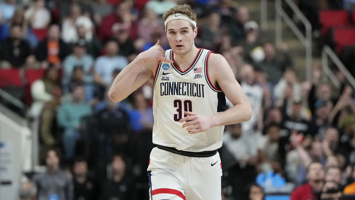 Connecticut Huskies forward Liam McNeeley (30) reacts during the first half against the Oklahoma Sooners at Lenovo Center.