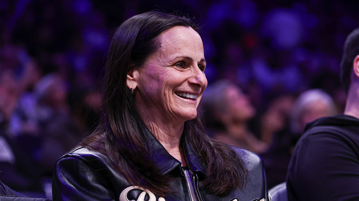 New York Liberty head coach Sandy Brondello looks on during the first half of the NBA game between the Brooklyn Nets and the Boston Celtics at Barclays Center.