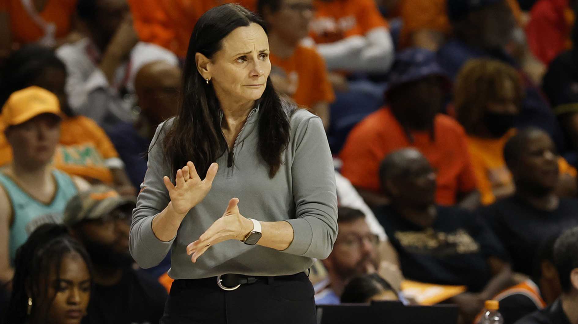 New York Liberty head coach Sandy Brondello reacts from the bench against the Washington Mystics in the first half at Entertainment & Sports Arena.