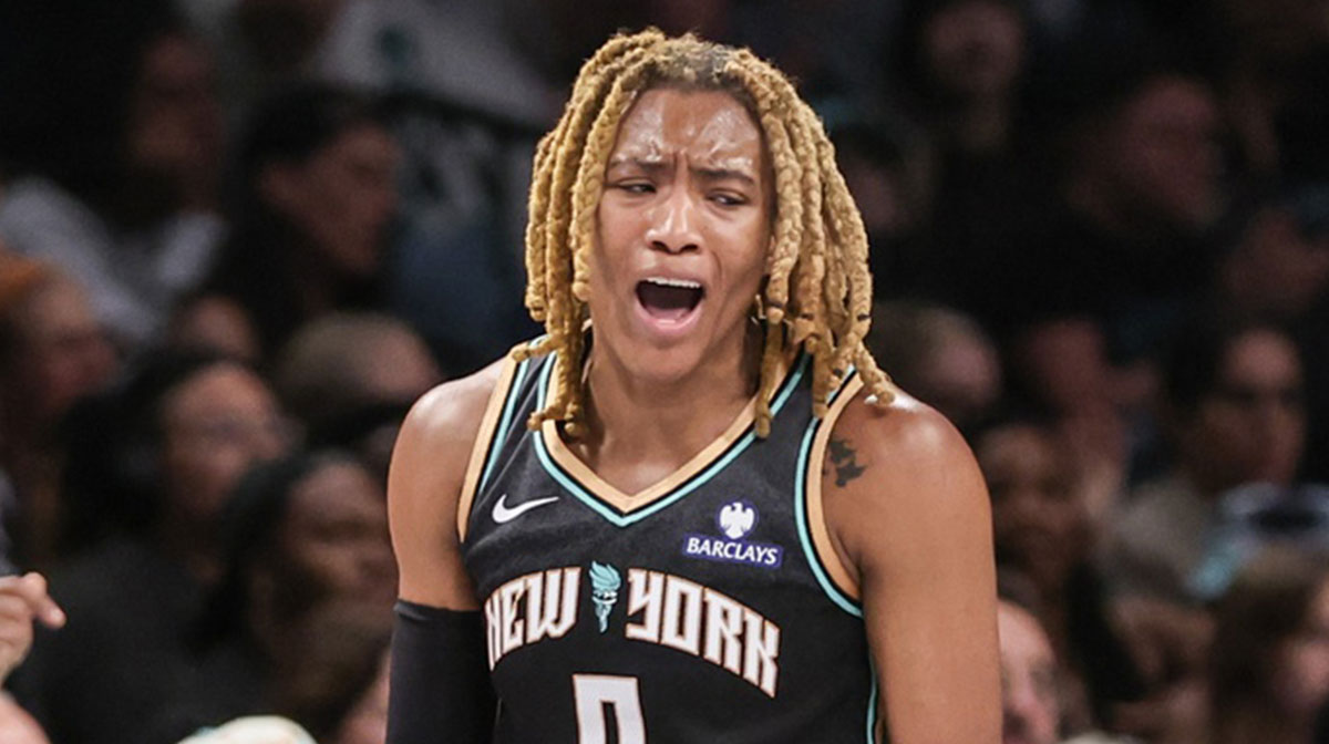 New York Liberty guard Jaylyn Sherrod (0) reacts after the Atlanta Dream call a timeout in the third quarter at Barclays Center.