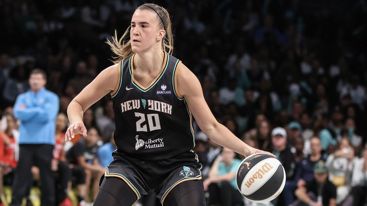New York Liberty guard Sabrina Ionescu (20) drives to the basket in the fourth quarter against the Atlanta Dream at Barclays Center.