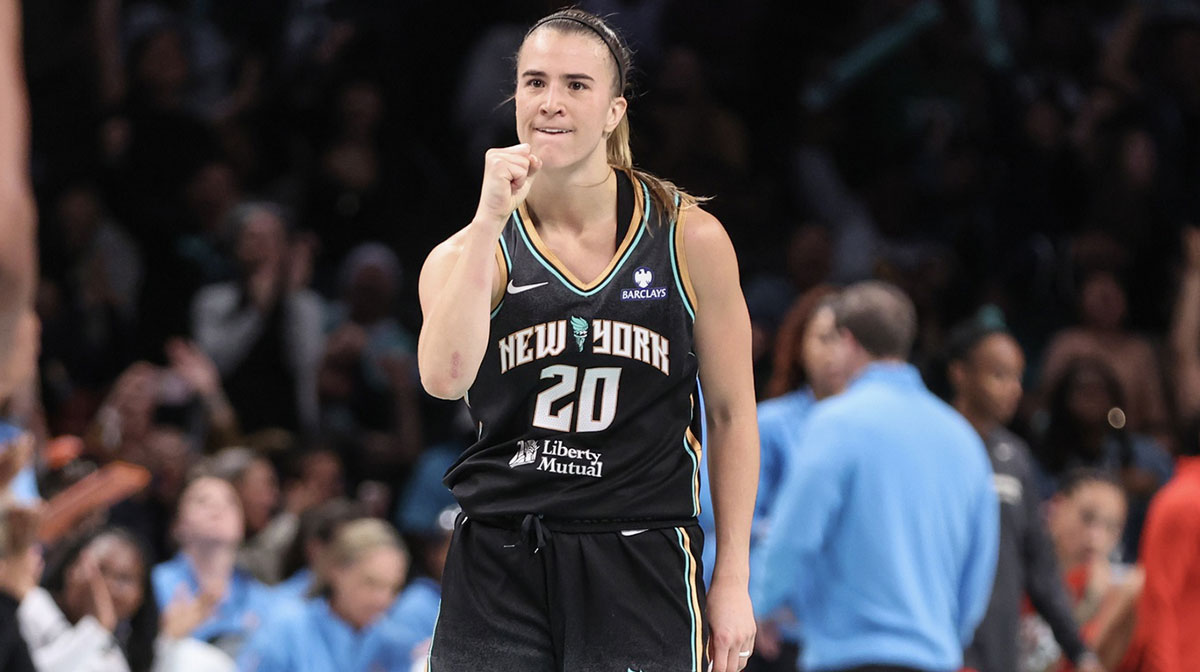New York Liberty guard Sabrina Ionescu (20) gestures after scoring in the fourth quarter against the Atlanta Dream at Barclays Center.