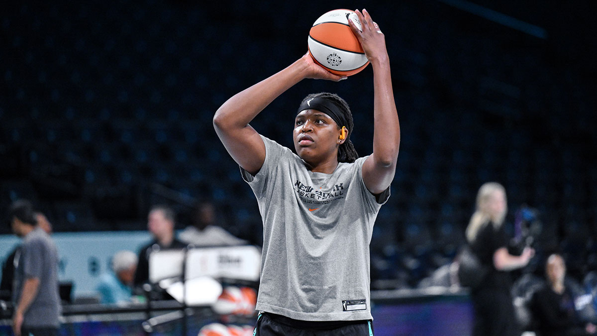 New York Liberty center Jonquel Jones (35) warms up before a game against the Phoenix Mercury at Barclays Center.