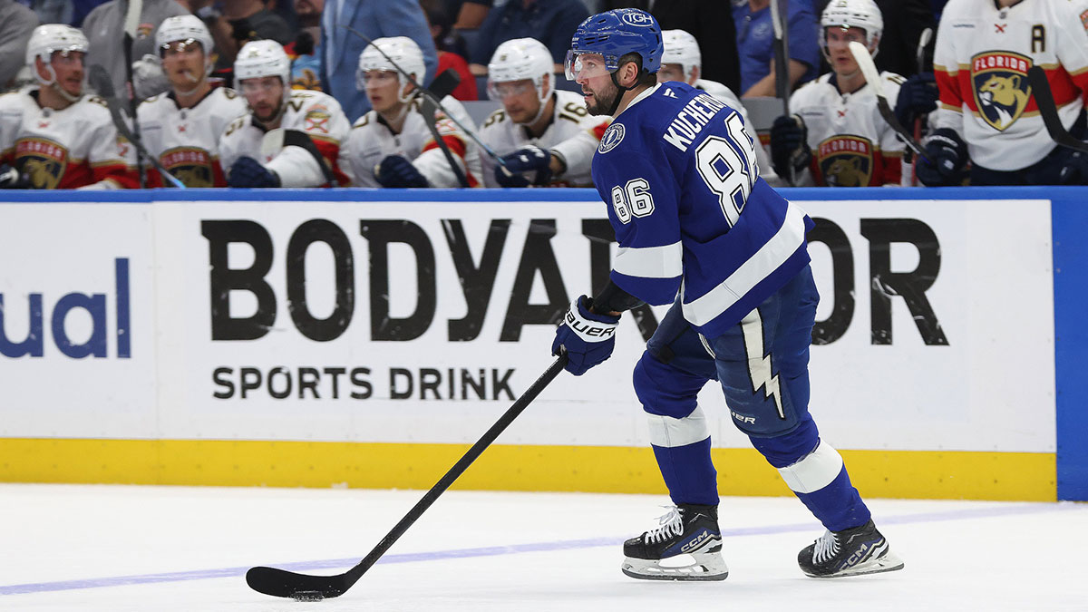 Tampa Bay Lightning right wing Nikita Kucherov (86) skates with the puck against the Florida Panthers during the second period of game five of the first round of the 2025 Stanley Cup Playoffs at Amalie Arena.