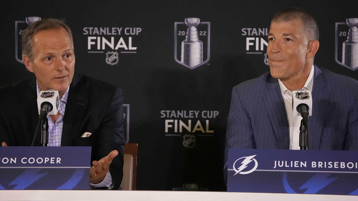 Tampa Bay Lightning head coach Jon Cooper and general manager Julien Brisebois speaks during media day for the 2022 Stanley Cup Final at Ball Arena.
