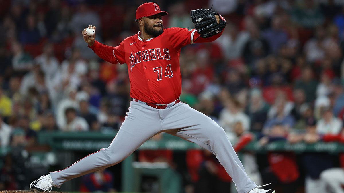 Los Angeles Angels relief pitcher Kenley Jansen (74) delivers a pitch during the ninth inning against the Boston Red Sox at Fenway Park.