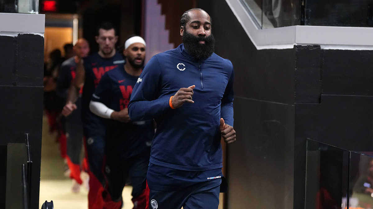 LA Clippers guard James Harden enters the court against the Denver Nuggets during game six of first round for the 2025 NBA Playoffs at Intuit Dome.