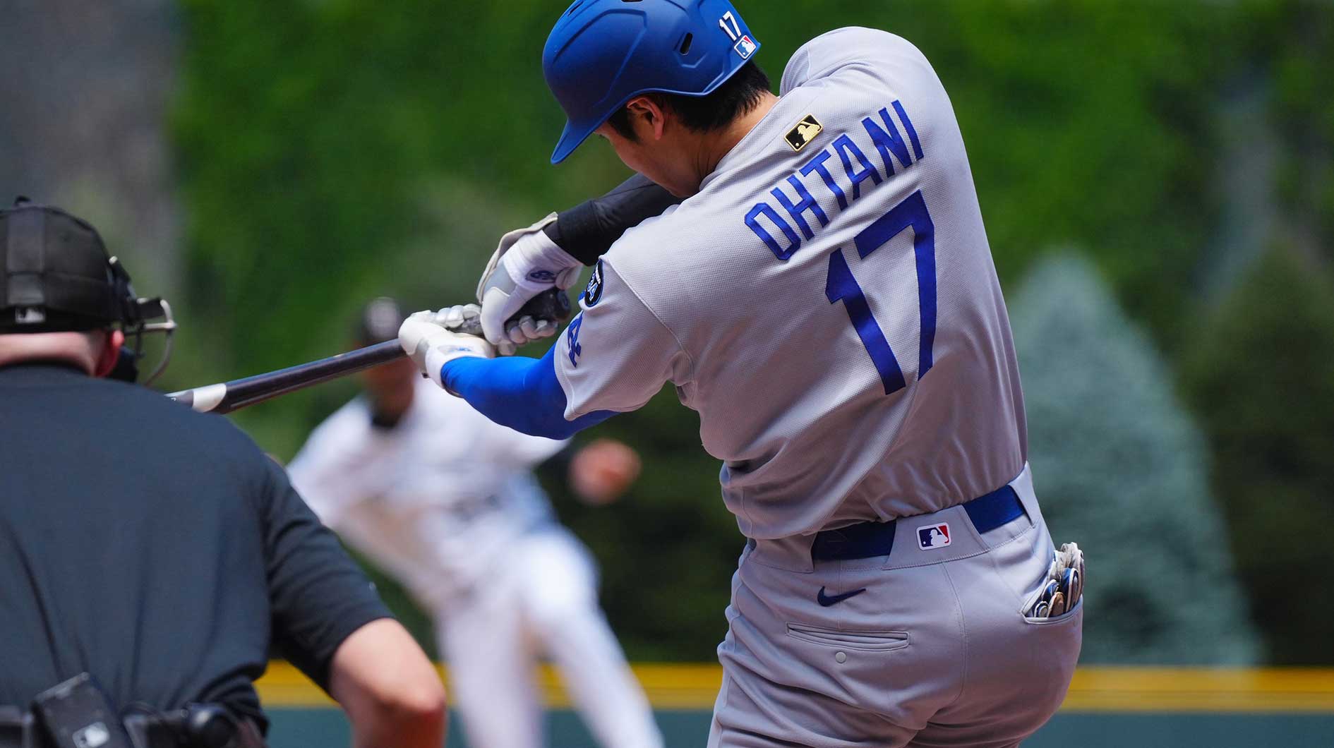 Los Angeles Dodgers two-way player Shohei Ohtani (17) at bat in the first inning against the Colorado Rockies at Coors Field.
