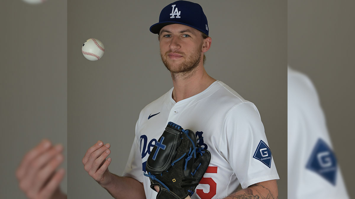 Los Angeles Dodgers relief pitcher Michael Kopech (45) poses for a photo during media day at Camelback Ranch.