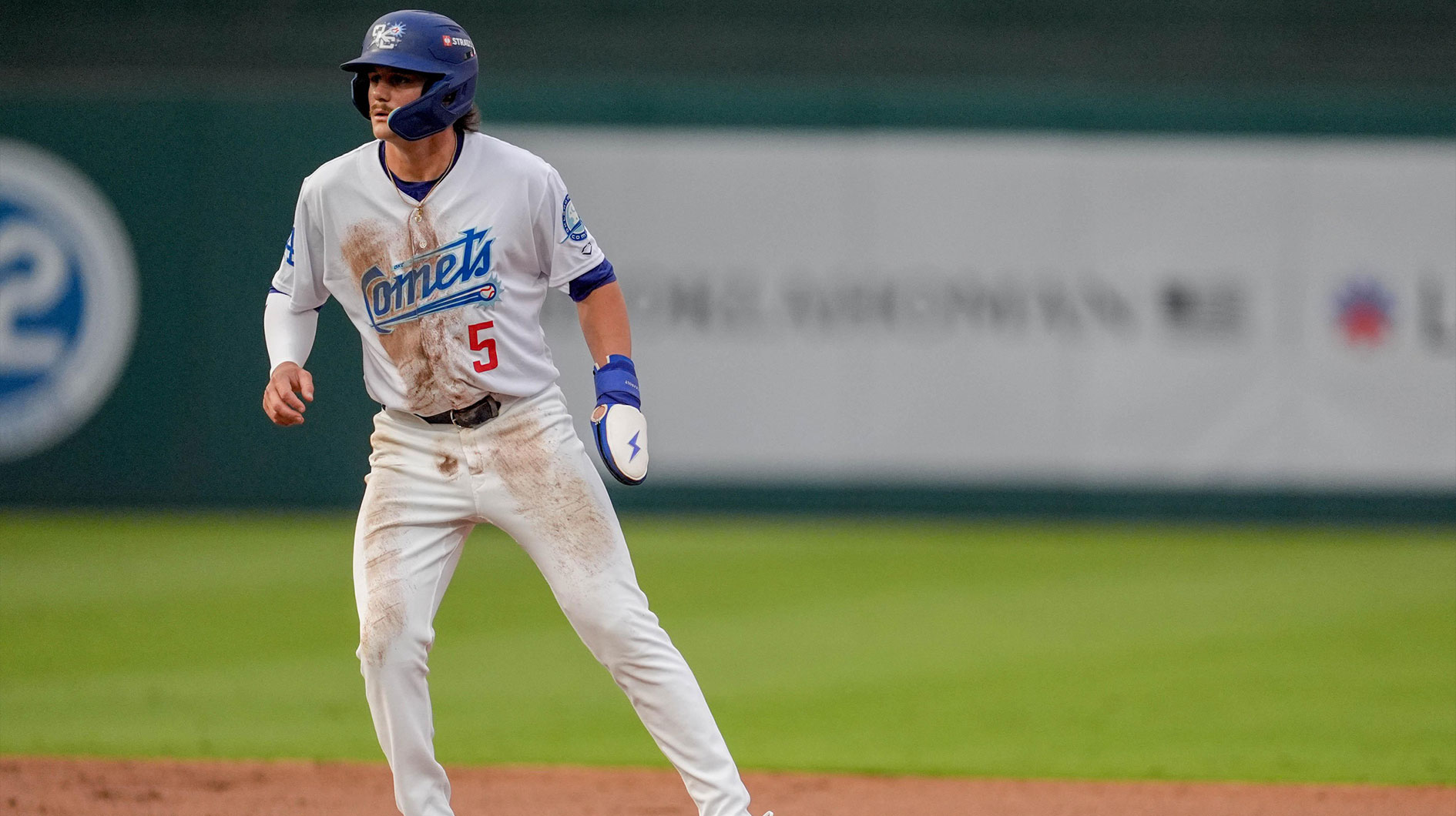 Oklahoma City infielder Alex Freeland (5) leads off second base during the home opener Minor League baseball game between the Oklahoma City Comets and the El Paso Chihuahuas at Chickasaw Bricktown Ballpark in Oklahoma City on Tuesday, April 1, 2025.