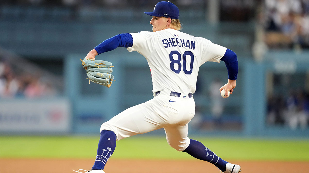 Los Angeles Dodgers pitcher Emmet Sheehan (80) throws in the fourth inning against the San Diego Padres at Dodger Stadium.