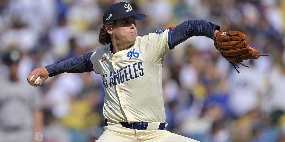 Los Angeles Dodgers pitcher Landon Knack (96) pitches against the New York Yankees in the first inning at Dodger Stadium.