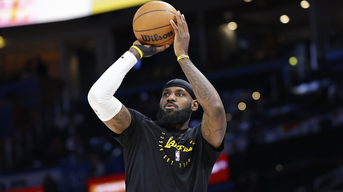 Los Angeles Lakers forward LeBron James warms up before the start of a game against the Oklahoma City Thunder at Paycom Center.