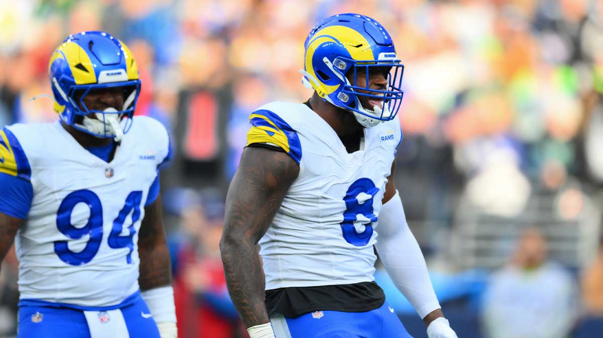 Los Angeles Rams linebacker Jared Verse (8) celebrates after sacking Seattle Seahawks quarterback Geno Smith (7) (not pictured) during the first half at Lumen Field.