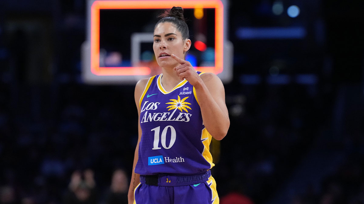 LA Sparks guard Kelsey Plum (10) reacts at the end of the first half against the Golden State Valkyries at Crypto.com Arena.