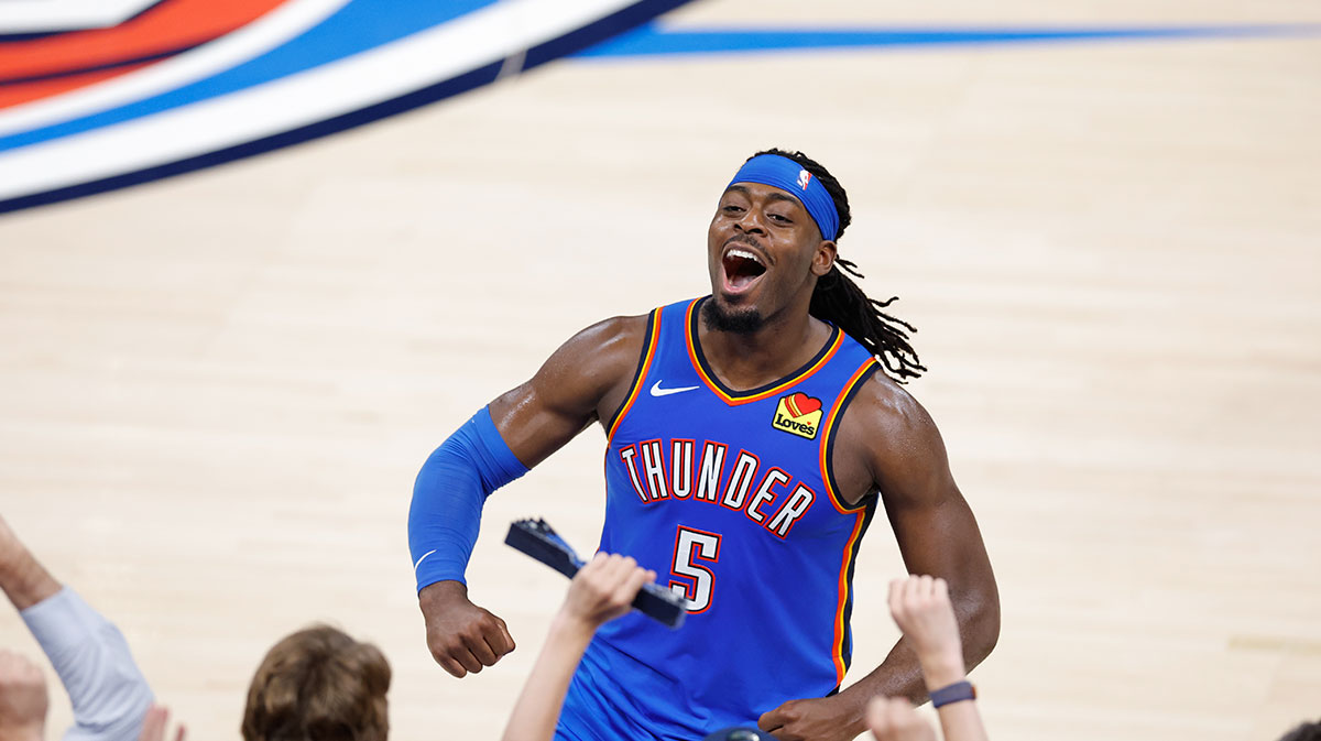 Oklahoma City Thunder guard Luguentz Dort (5) celebrates after a play against the Indiana Pacers during the second half during game seven of the 2025 NBA Finals at Paycom Center.