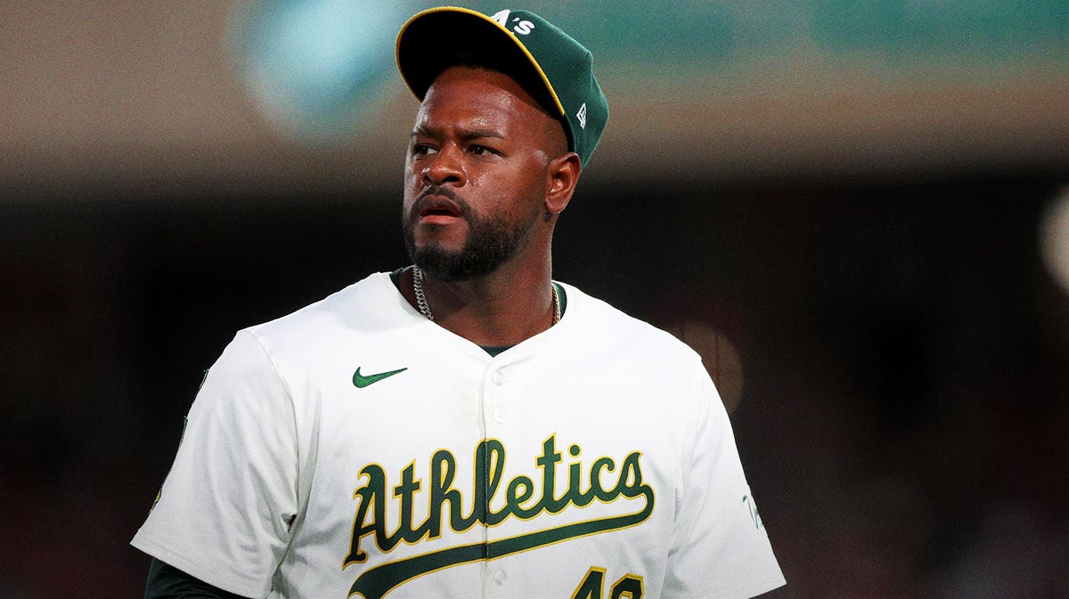Athletics starting pitcher Luis Severino (40) walks back to the dugout after the fifth inning against the Baltimore Orioles.
