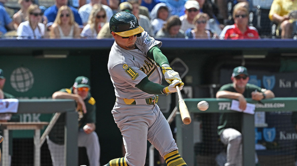 Athletics second baseman Luis Urias (17) drives in a run with a double in the fourth inning against the Kansas City Royals at Kauffman Stadium.