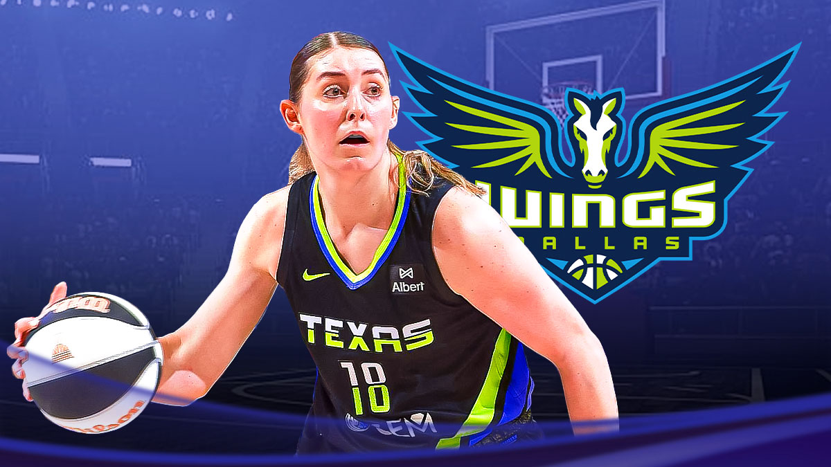 Luisa Geiselsoder playing basketball in a Dallas Wings jersey. Dallas Wings 2025 logo in image.