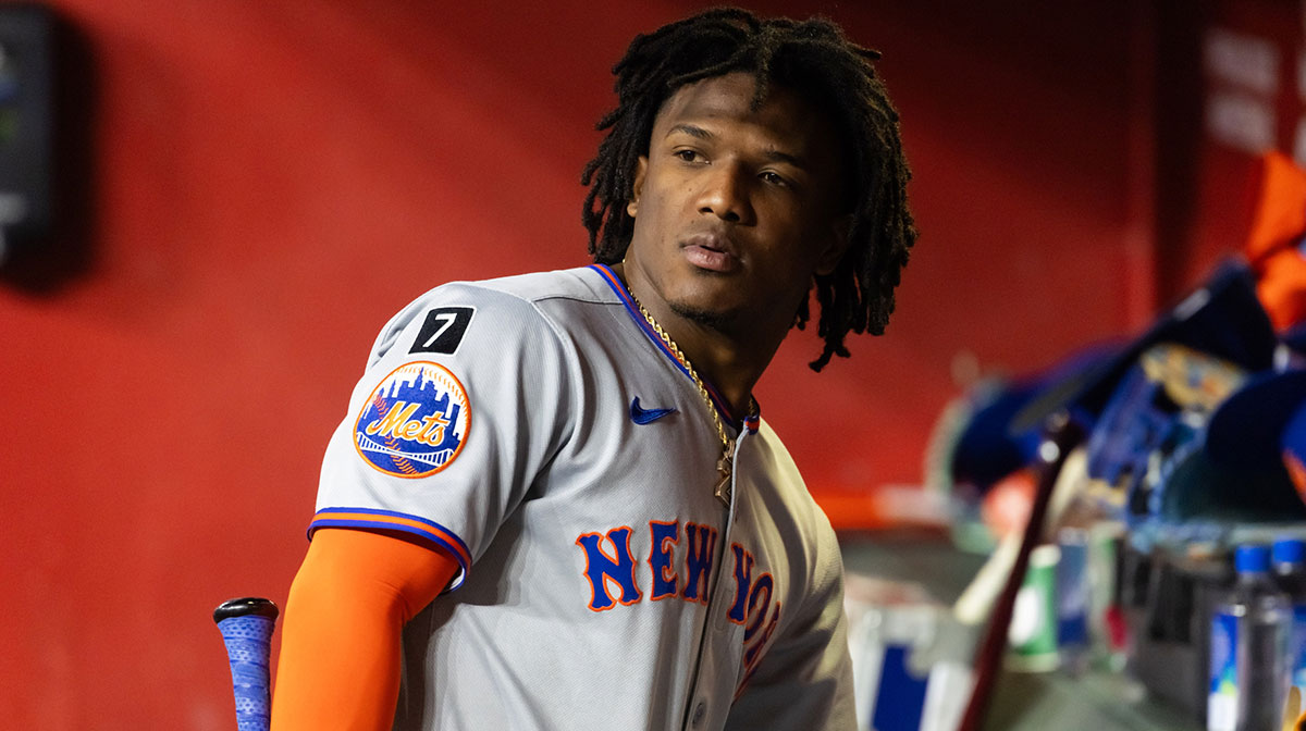 May 5, 2025; Phoenix, Arizona, USA; New York Mets infielder Luisangel Acuna in the eighth inning against the Arizona Diamondbacks at Chase Field. Mandatory Credit: Mark J. Rebilas-Imagn Images