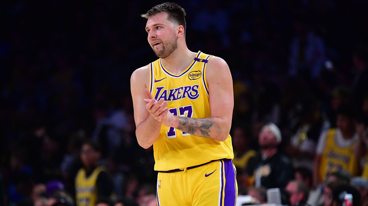 Los Angeles Lakers guard Luka Doncic (77) reacts during the second half in game five of first round for the 2025 NBA Playoffs at Crypto.com Arena.