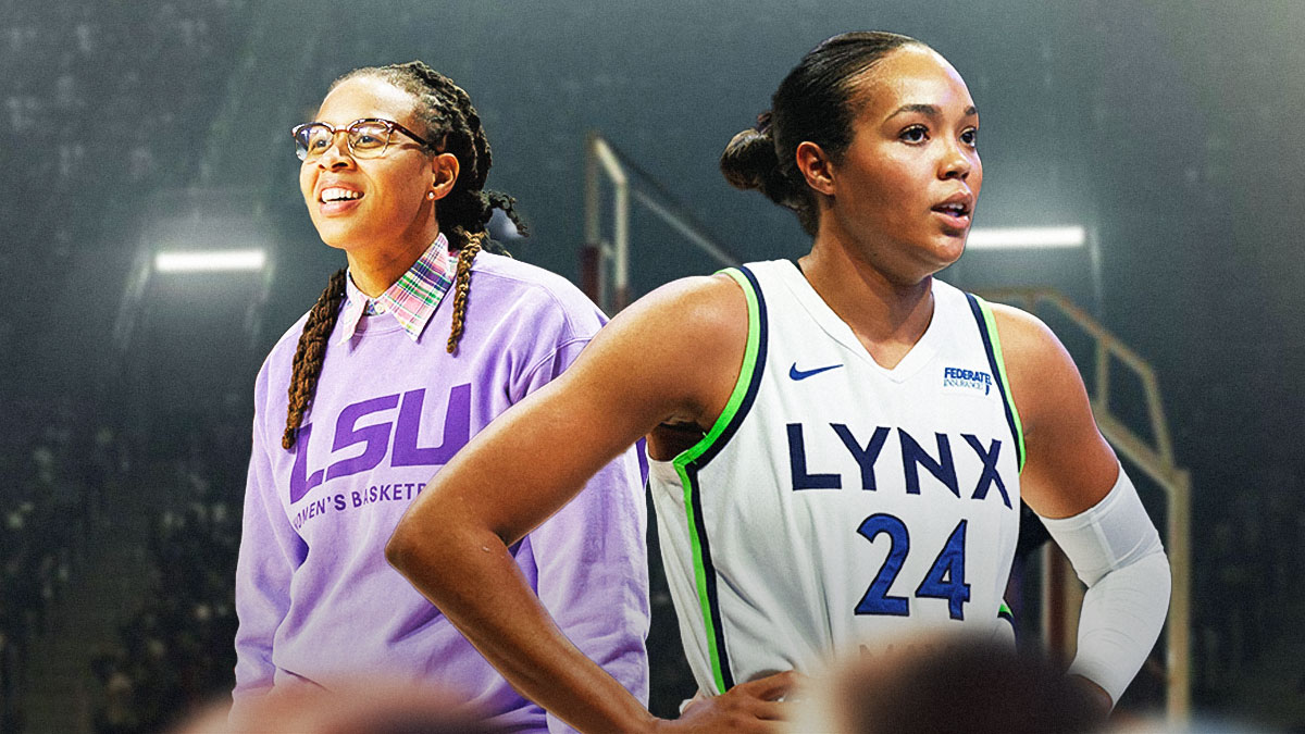 LSU Tigers assistant coach Seimone Augustus smiles while watching warmups before a game against the Florida Gators at Exactech Arena at the Stephen C. O'Connell Center. Minnesota Lynx forward Napheesa Collier (24) reacts against the Dallas Wings during the first half at College Park Center.