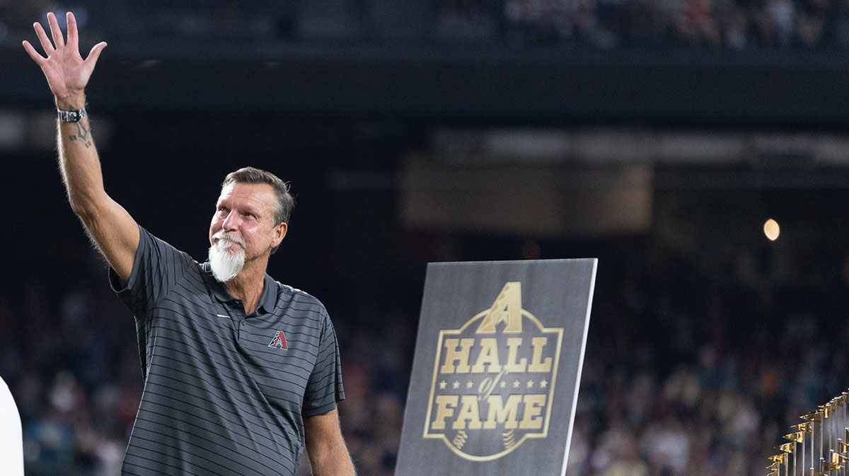 Randy Johnson waves before being inducted in to the Arizona Diamondbacks Hall of Fame on July 27, 2024 at Chase Field in Phoenix.