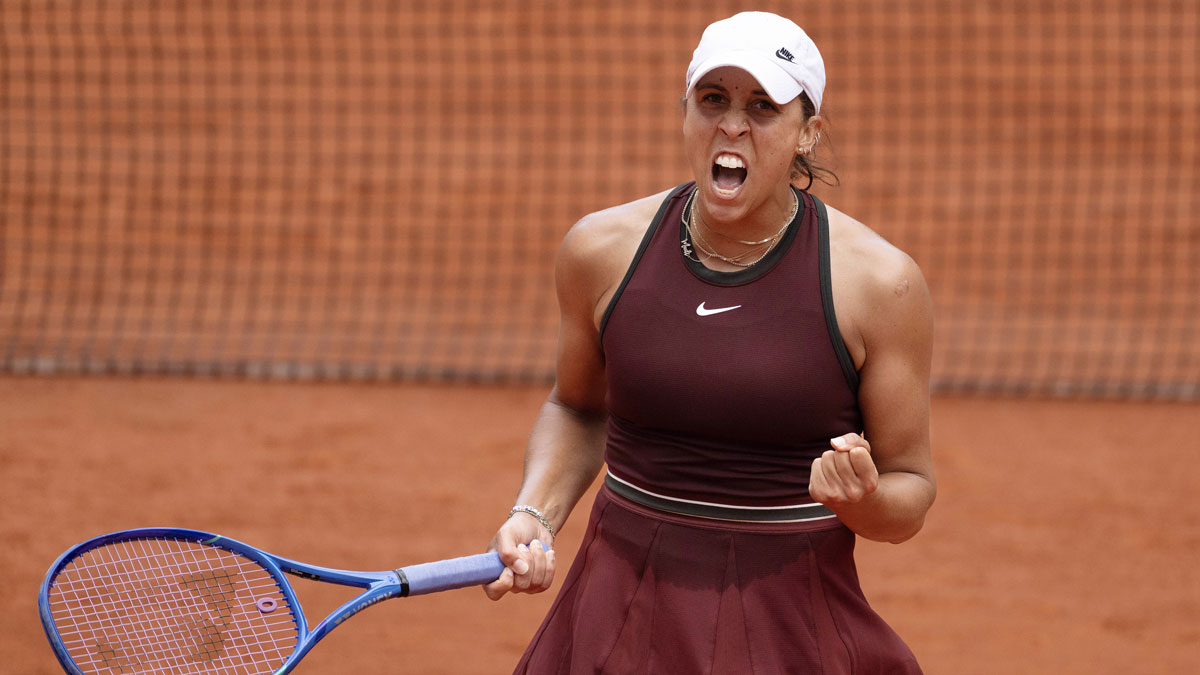 Madison Keys of the United States celebrates winning her match against Hailey Baptiste of the United States on day nine at Roland Garros Stadium.