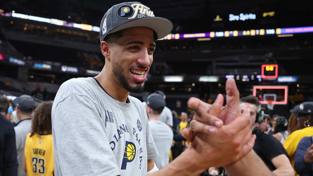 Indiana Pacers guard Tyrese Haliburton (0) reacts after game six of the eastern conference finals against the New York Knicks for the 2025 NBA Playoffs at Gainbridge Fieldhouse.