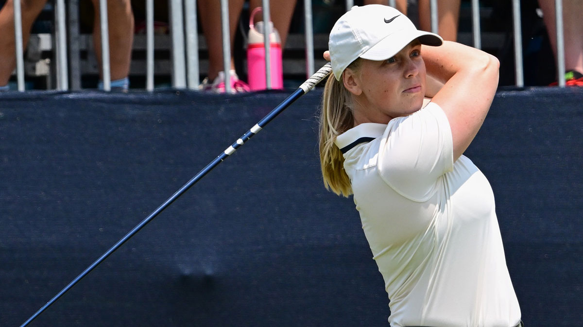 Maja Stark tees off the 1st hole during the final round of the U.S. Women's Open golf tournament.